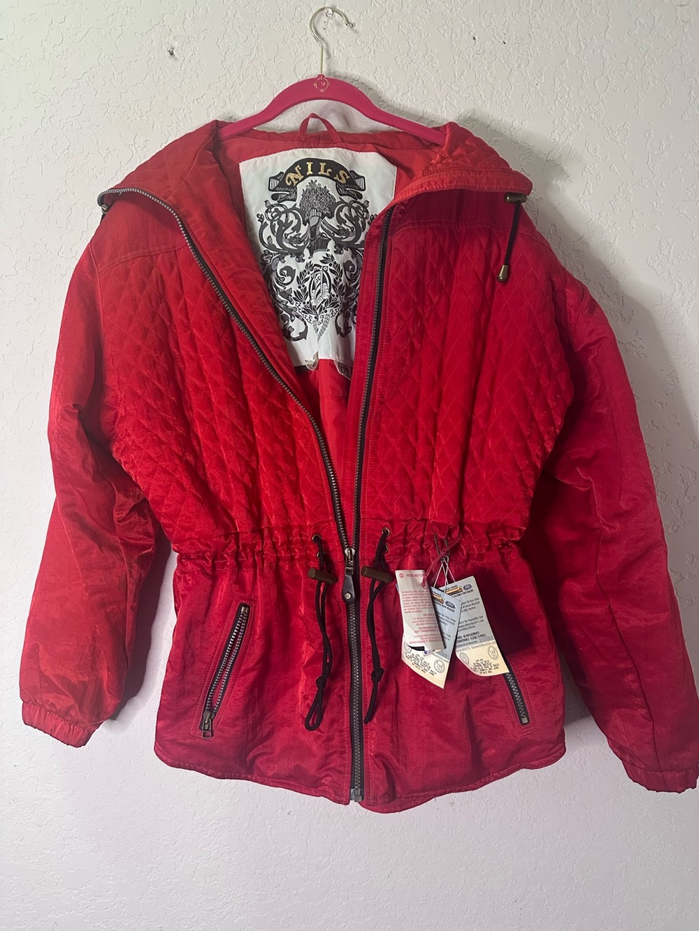 Vintage Nils Red Quilted Jacket with Hooded Tag